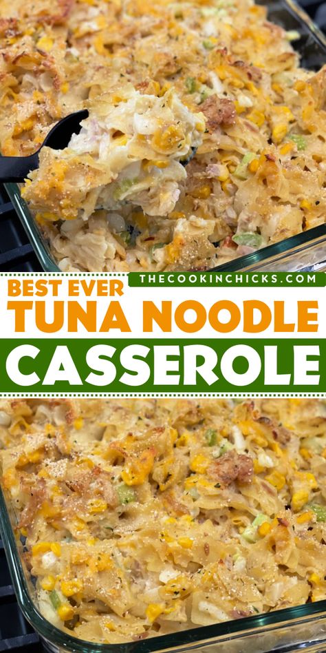 Looking for easy dinner ideas? Weeknight dinners for family have never been quicker with this creamy tuna noodle casserole! It's a tried-and-true recipe for classic comfort food. Enjoy this cheesy tuna noodle casserole with the whole family! Tuna Noodle Casserole Cream Cheese, Egg Noodle Tuna Casserole Recipes, Tuna Noodle Casserole Corn Flakes, Keto Tuna Noodle Casserole, Tuna Casarole Recipes, Tuna Casserole With Broccoli, One Pot Creamy Tuna Noodle Casserole, Tuna Casserole Without Noodles, Tuna Melt Casserole Recipe