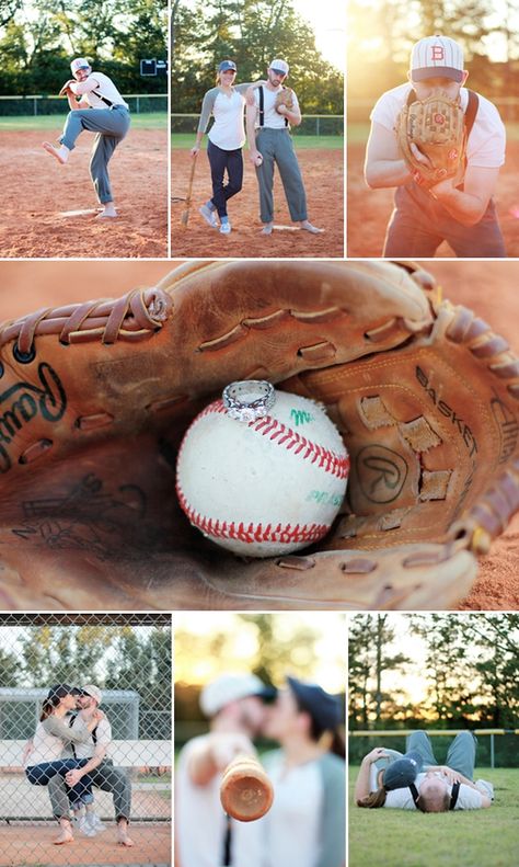 BASEBALL ENGAGEMENT...I AM THINKING SAVE THE DATES AND ENGAGEMENT PHOTO. HOME RUN!! LOL Baseball Engagement Photos, Baseball Engagement, Themed Engagement Photos, Baseball Wedding, Sports Wedding, Baseball Theme, Foto Casual, Cute Wedding Ideas, Wedding Engagement Photos