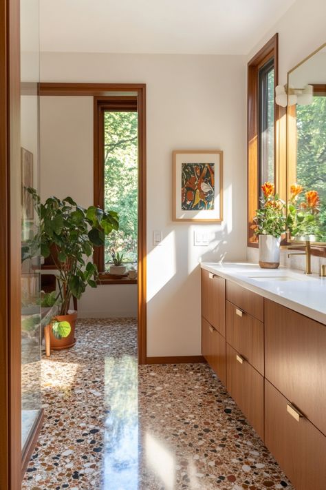 Get a perfect mid-century modern bathroom with these design tips and ideas to help you get the best remodel. Fun Bathroom Vanity, Mid Century Interior Kitchen, Small Bathroom Mid Century Modern, Mid Century Shower Tile, Mid Century House Renovation, Mid Century Modern Master Bath, Mid Century Modern Bathrooms, Natural Color Bathroom, Bathroom Modern Ideas