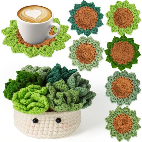 Crochet Projects For Craft Shows, Crochet Coaster Plant, Crochet Drink Coasters, Crochet Flower Coaster With Pot, Cache Pot Crochet, Crochet Coasters Flower Pot, Crochet Flower Pot Coaster, Crochet Gifts For Moms, Flower Pot Coaster Crochet