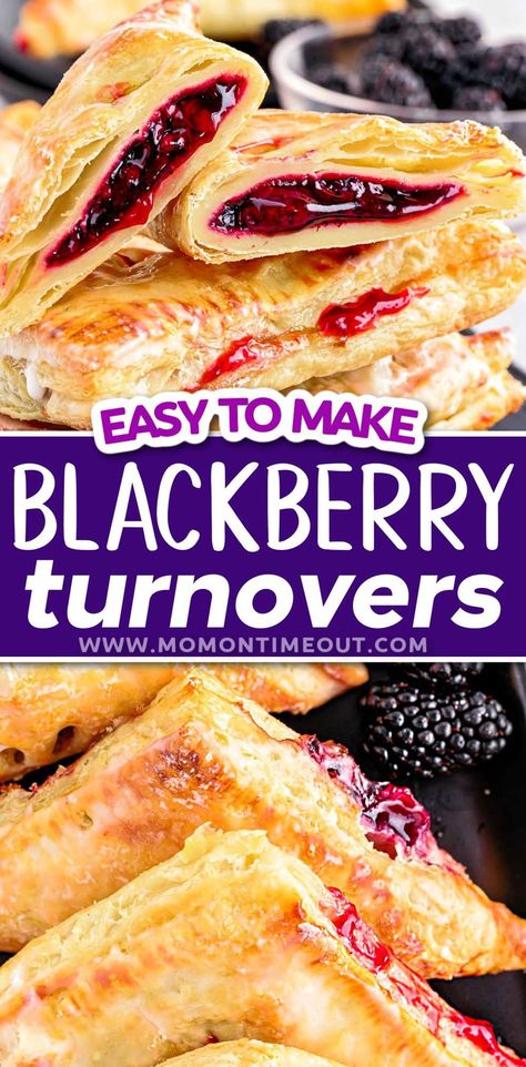 Blackberry Turnovers are as easy to make as they are delicious! A perfectly simple homemade filling is wrapped with flaky puff pastry and drizzled with a 2 ingredient glaze. These turnovers will be plucked off the plate and gone before you know it! // Mom On Timeout Brunch On The Go, Recipes Using Fresh Blackberries, Fruit Baking Recipes, Fresh Blackberry Recipes, Recipes With Berries, Easy Berry Dessert, Blackberry Turnovers, Berry Turnovers, Blackberries Recipes