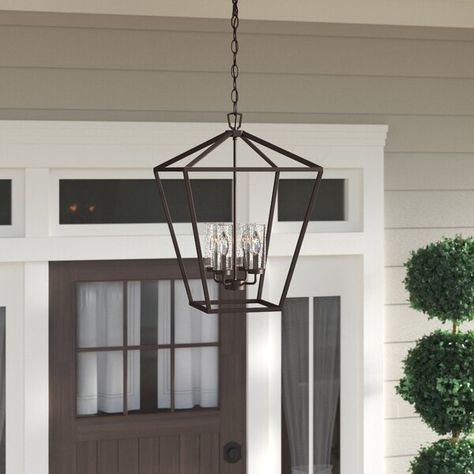 Exterior Hanging Lights Front Porches, Outdoor Chandelier Porch, Exterior Hanging Light, Hanging Porch Lights, Split Entry, Glass Aluminium, Front Porch Lighting, Basement Reno, Outdoor Chandelier