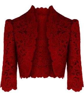 Fitted Lace Trim Party Shrug, Fitted Lace Shrug With Lace Trim, Bolero Outfit, Elegant Lace Shrug With Lace Trim, Woman’s Lace Dresses And Jackets, Red Bolero, Lace Bolero Jacket, Blouse Outfit Casual, Red Dress Style