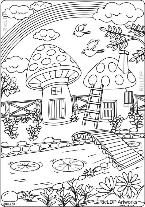 House Coloring Pages, A Coloring Page, House Colouring Pages, Summer Coloring Pages, Free Adult Coloring Pages, Mushroom House, Easy Coloring Pages, 자수 디자인, Coloring Pages To Print