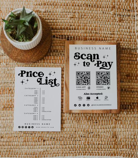 "**  This item is a DIGITAL TEMPLATE which is INSTANTLY customizable via CANVA (FREE). Nothing physical is shipped to you. ** TWO-IN-ONE: Includes BOTH a Price Sheet & Scan to Pay sign templates! This Pricing sheet and Acceptable Payments sign template is perfect for Hair Salons, Hairdressers, Beauty Salons, Spas, Bakeries, and more! Works great as a custom menu design and provides an easy way for your customers to pay with Paypal, Venmo, Cashapp, credit cards, etc. Purchase, print, frame and di Bakery Trailer, Scan To Pay Sign, Kartu Tarot, Acrylic Bookmarks, Vendor Booth Display, Farmers Market Display, Craft Fair Booth Display, Vendor Table, Craft Market Display