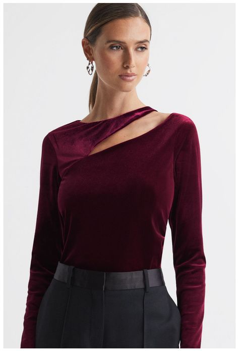 Velvet Top Designs, Reiss Women, Velvet Top, Cut Out Top, Of Model, Long Sleeve Bodycon, Velvet Tops, Modern Outfits, Model Height