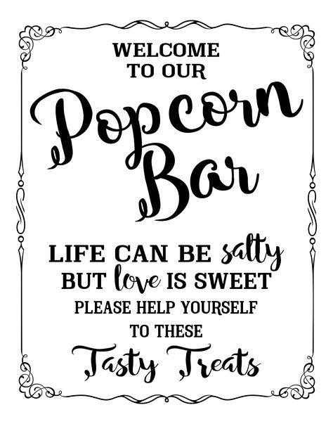 Popcorn bar sign. Cub Scout Popcorn, Popcorn Sign, Popcorn Bar Sign, Wedding Cones, 9th Grade Math, Staff Ideas, Alphabet Letters To Print, Rehearsal Dinner Planning, Popcorn Wedding