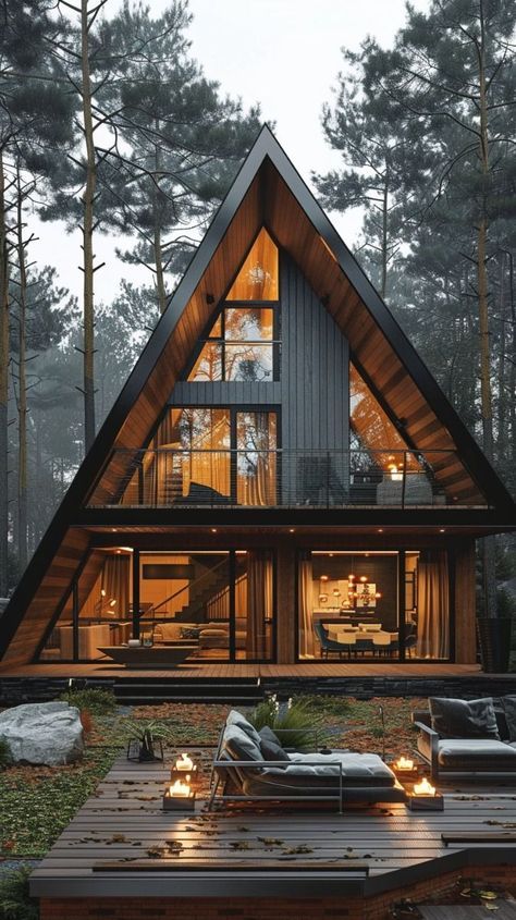 Design With Nature, A Frame Houses, Black Metal Accents, Alpine House, Ultra Modern Homes, Frame House Plans, Modern Minimalist House, Wooden Facade, A Frames