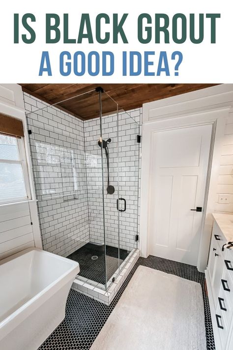 Thinking of using black grout in your modern farmhouse bathroom renovation? Find out the pros and cons of using black grout in the shower! Sealing Grout Bathroom, Sealing Shower Tile Grout, How To Seal Grout Showers, Grout Sealer Diy, How To Seal Grout, White Tiles Black Grout, Glass Shower Door Cleaner, Shower Door Cleaner, White Shower Tile