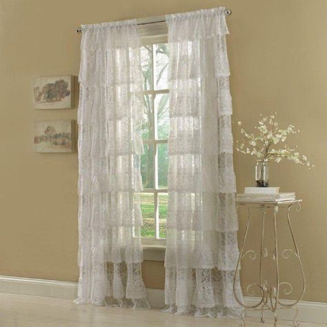 Tailored Panel - Priscilla Layered Lace Ruffles Priscilla Curtains, Lace Shower Curtains, Small Bathroom Window, Lace Curtain Panels, Ivory Curtains, Ruffle Curtains, Lace Window, Small Window Curtains, Lace Curtain