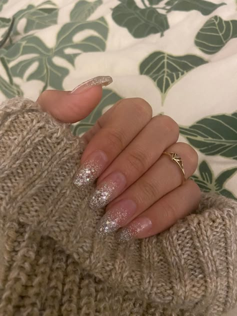 Clear Acrylic With Glitter, Glitter Tip Square Nails, Clear Glitter Nails Almond, Crystal Ombre Nails, Clear Gradient Nails, Gillter Nails Design, Clear Ombre Glitter Nails, Glitter Fade Nails Almond, Chunky Glitter Ombre Nails