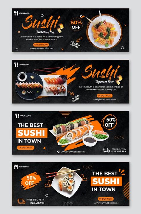 4 Sushi Facebook Timeline Cover Templates PSD Pizza Banner, Sushi Photography, Homemade Cheese Pizza, Graphic Design Posters Layout, Food Business Ideas, Sushi Design, Japanese Street Food, Social Media Branding Design, Graphic Design Tutorials Learning