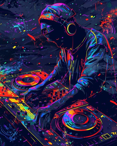 Vibrant Blacklight Illustration: DJ Turntables & Headphones in Neon Lighting Dj Turntables Art, Anime Dj Art, Dance Poster Design Graphics, Music Artwork Design, Dj Event Poster, Sketch Exercises, Dj Artwork, Dj Illustration, Posters Event