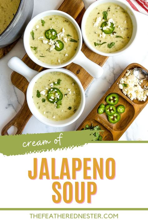 Our Cream of Jalapeno Soup is a spicy, exciting take on a creamy comfort stew! It’s as creamy as it is spicy, with a bunch of fresh herbs and a heaping helping of smooth avocado to tone down the heat. Give this unique, spicy vegetable soup a try — it’s a combination like no other! Cream Of Jalapeno Soup, Spicy Vegetable Soup, Jalapeño Soup, Recipe Inspirations, Creamy Jalapeno, Roasted Jalapeno, Turkey Casserole, Jalapeno Recipes, Spicy Soup