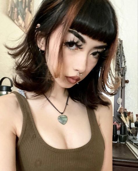 Dark Brown Goth Hair, Medium Goth Hair, Goth Brown Hair, Brown Hair Goth, Shoulder Length Hair With Bangs, Girl With Brown Hair, Alternative Hair, Hair Stylist Life, Mullet Hairstyle