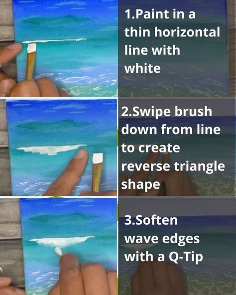 Easy Diy Beach Painting, Beach Painting Easy Step By Step, Painting The Ocean With Acrylics, How To Paint Waves Step By Step, How To Paint Waves Acrylic Step By Step, Beach Scene Painting Easy, How To Paint The Ocean With Acrylics, How To Paint A Beach Scene For Beginners, Paint Beach Scene Easy