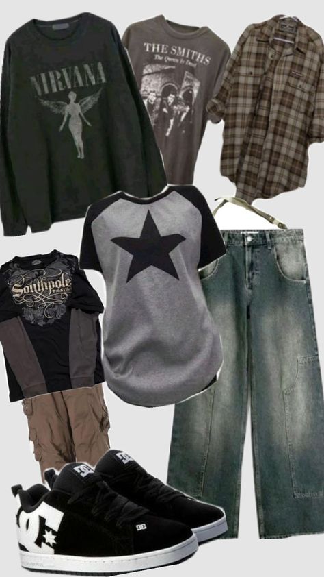 #grunge #grungeaesthetic #grungeclothes #outfitinspo Midwest Grunge Outfit, Emo Band Shirt Outfits, Y2k Grunge Outfits Winter, Grunge Ftm Outfits, Actual Grunge Outfits, Nirvana Inspired Outfits, Simple Grunge Outfits For School, Masc Outfits Grunge, Deftones Inspired Outfit