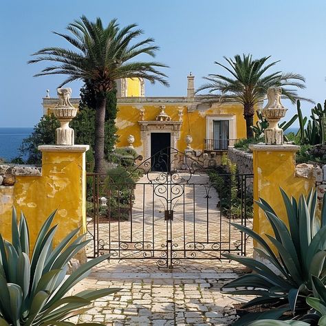 Swipe left to this amazing design! Perched atop Sicily's golden cliffs, this family estate in shades of yellows offers breathtaking views… | Instagram Villa Gate, Vincenzo De Cotiis, Gate Entrance, Restaurant Exterior, Mediterranean Villa, Family Estate, Luxury House Designs, Shades Of Yellow, Sicily