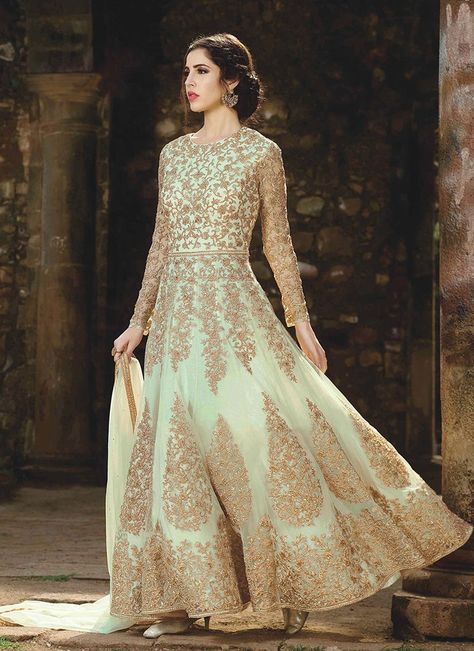 Light Green and Gold Embroidered Net Anarkali Long Choli Lehenga, Net Anarkali, Indian Women Fashion, Designer Anarkali Suits, Heavy Dresses, Indian Bride Outfits, Abaya Style, Designer Anarkali, Patiala Salwar