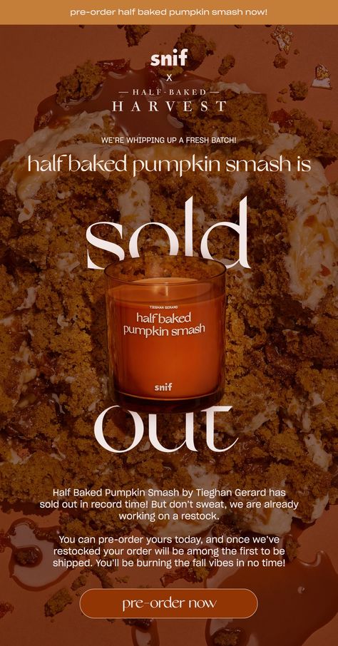 Sarah's Portfolio / Snif x Half Baked Harvest Collab Half Baked Pumpkin Smash Candle / Launch Ad Design / Mailer Email Design / Waitlist Pre-Order Product Sold Out Design Sold Out Poster Design, Email Ad Design, Sales Email, Candle Advertisement, Thank You Email Design, Pre Order Poster, Ads Graphic Design, Launch Email Design, Product Launch Design