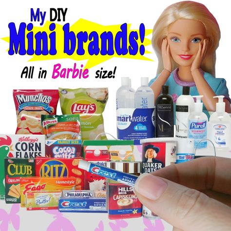 Diy Mini Brands Printable, Easy Diy Barbie Accessories, Barbie Miniatures Printables, Easy Miniature Diy, Diy Barbie Food, Mini Brands Display Diy, Diy Mini Brands, Diy Barbie Accessories, Diy Barbie Stuff