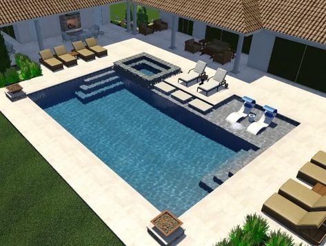 Wrap Around Pool Deck Ideas, Linear Pool With Spa, Beautiful Rectangular Pools, Modern Swimming Pools Backyard, T Shape Pool, Pools Backyard Inground Rectangle, Residential Pool Design, Rectangle Pool Designs With Hot Tub, 30x15 Pool