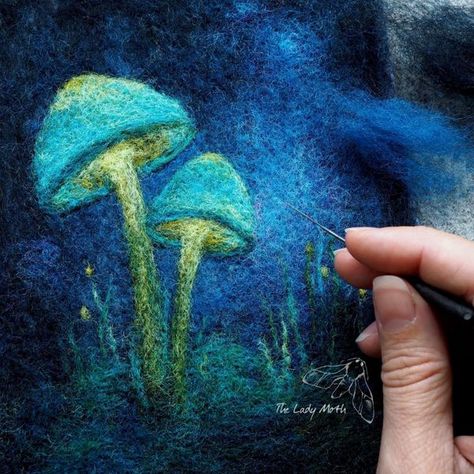 One to one needle felting session with Zenia aka The Lady Moth Tovad Ull, Glowing Mushrooms, Painting Step By Step, Wool Painting, Felting Needles, Felt Mushroom, Felt Wall Hanging, Mushroom Pictures, Magic Crafts