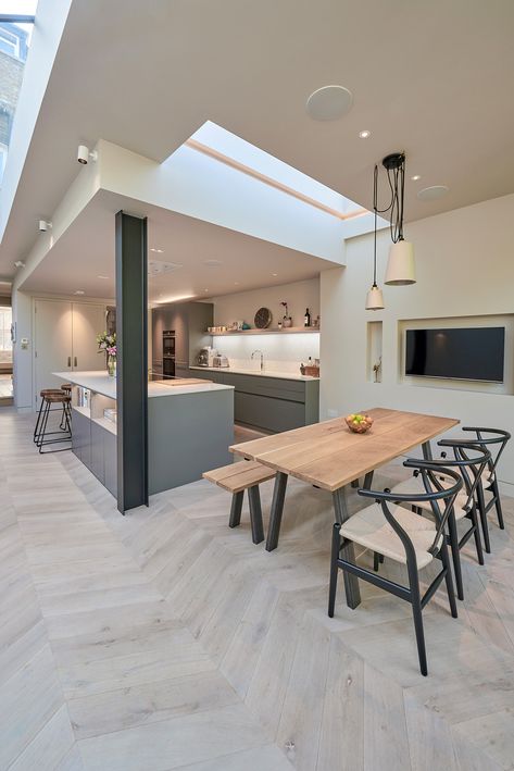 London Shakespeare, Wraparound Kitchen, Kitchen Diner Extension, Open Plan Living And Dining, Open Plan Kitchen Dining Living, Herringbone Wood Floor, Open Plan Kitchen Dining, Open Plan Kitchen Living Room, House Extension Design