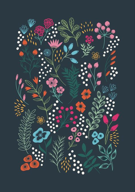 Hand illustrated folk floral print. Illustration, Print, Pattern, Surface Design, Stationery, Textile, Art Licensing. Folk Art Flowers Floral Patterns, Modern Floral Illustration, Floral Print Illustration, Spring Pattern Illustration, Terracotta Painting, Wildflower Artwork, Simple Floral Pattern, Aesthetic Floral Pattern, Floral Folk Art