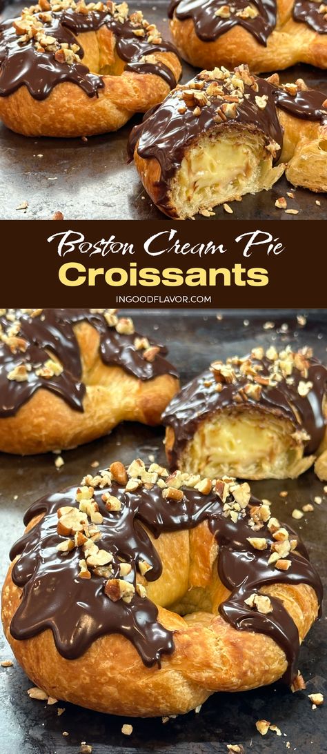 Boston Cream Pie Croissants Boston Cream Pie Croissants, Croissant With Chocolate Filling, Cheesecake Stuffed Croissants, Boston Cream Puffs, Custard Filled Croissant, Custard Croissant Recipe, Sweet Croissant Fillings, White Chocolate Croissant, Homemade Crissonts Recipe