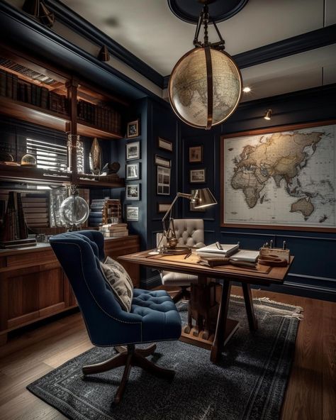 Small Men’s Office, Men’s Study, Study Room Ideas For Men, Loft Office Ideas Upstairs, Mid Century Office Ideas, Male Home Office, Office Decor Men, Study Desk Setup, Dark Office Aesthetic