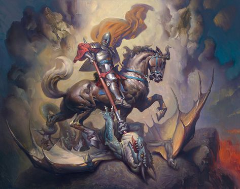 undefined Petar Meseldzija, Saint George And The Dragon, Posca Art, Legends And Myths, San Michele, Contemporary Illustration, Knight Art, Fantasy Paintings, Arte Fantasy