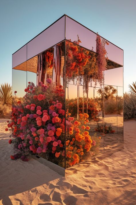 Desert Installation Art, Desert Flowers Aesthetic, Flowers In The Desert, Desert Event Decor, Flower Architecture Design, Desert Set Design, Sahara Wedding, 8 March Aesthetic, Mirror Desert