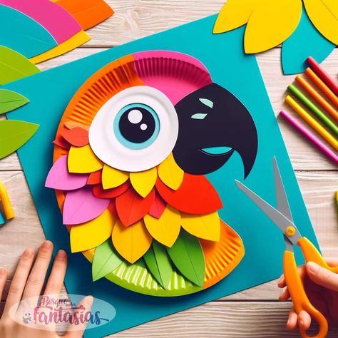 Tucan Crafts Preschool, Paper Plate Rainforest Animals, Parrot Crafts For Kids, Paper Plate Crafts For Kids Easy, Brazil Crafts, Black Hairstyles For Kids, Parrot Craft, Crazy Hair Day, Animal Crafts For Kids