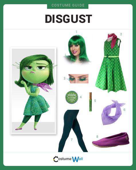 Go green with a costume that looks just like Disgust, one of Riley's emotions from Disney/Pixar's Inside Out. Inside Out 2 Dress Up, Disgust Inside Out Halloween Costume, Envy Costume Inside Out, Disgust From Inside Out, Disgust Inside Out Costume, Disgust Disneybound, Inside Out Inspired Outfits, Green Costume Ideas, Green Dress Halloween Costume