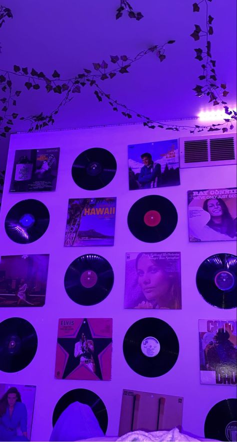 Room Decor For Purple Walls, Record Covers On Wall, Room Ideas Aesthetic Purple Wall, Aesthetic Room Purple Walls, Room Ideas Purple Wall, Room Decor Bedroom Aesthetic Purple, Room Inspo Purple Walls, Purple Room Theme, Basement Room Decor Ideas