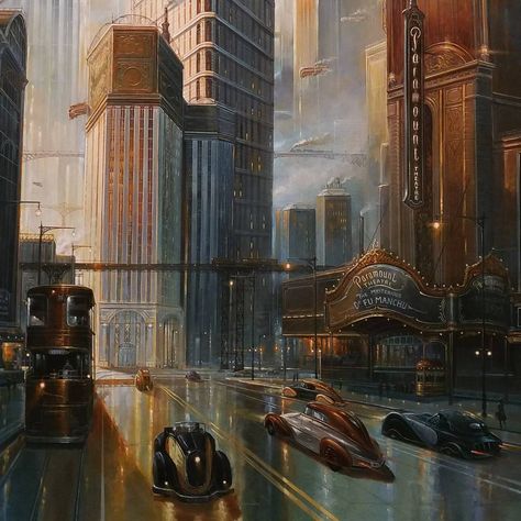 #Dieselpunk #Decopunk #ArtDeco #Retrofuturism #AlternateHistory Dieselpunk, Dieselpunk Art, Art Deco City, Steampunk City, Arte Steampunk, Diesel Punk, Cyberpunk City, Art Deco Posters, Fantasy City