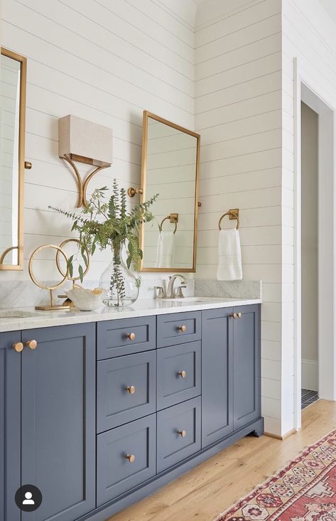 Farmhouse Bathroom Navy Vanity, Navy Blue Master Bath, Bathroom With Shiplap Walls, Bathroom With Shiplap, Blue Vanity Bathroom, Navy Blue Bathroom Vanity, Blue Bath Vanity, Shiplap Bathroom Wall, Reno House