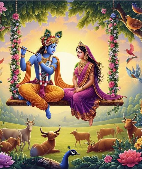 Radha Krishna On Jhula, Radha Krishna Jhula Painting, Lord Radha Krishna Pictures, Radhe Krishna Painting Canvas, Radha Krishna Wedding, Rajasthani Painting, Shyam Baba, Radhe Krishna Wallpapers, Krishna Drawing