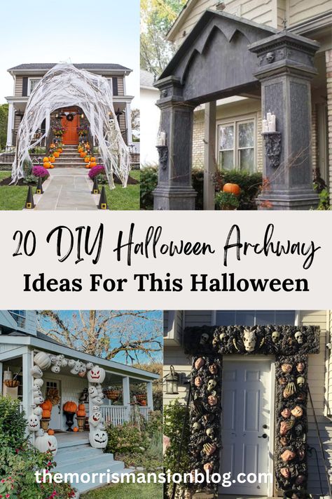 round up of 20 different outdoor halloween arch ideas Diy Halloween Entrance Decorations, Halloween Front Porch Archway, Halloween Driveway Entrance, Diy Halloween Decorations Outdoor Arch, Halloween 2023 Outdoor Decor, Halloween Entryway Outdoor, Halloween Door Archway, Pvc Halloween Archway, House Exterior Halloween Decor