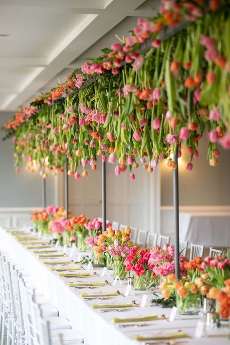 A Beautiful & Colorful Bridal Brunch - John Cain Photography | Dallas TX Tulip Wedding Decorations, Tuscany Spring, Orange And Pink Wedding, Tulip Decor, Garden Party Theme, Tulips Arrangement, Tulip Wedding, Spring Bridal Shower, Spring Dinner