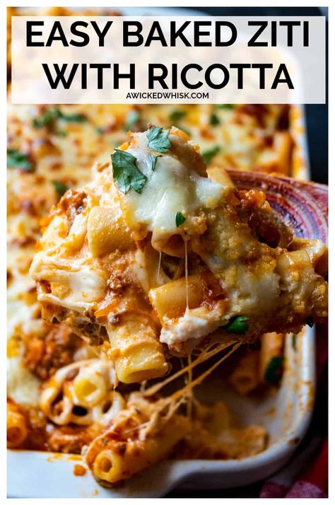 Healthy Ziti Bake, Pasta Bake Recipes With Ricotta, Best Italian Pasta Dishes, Ziti Lasagna Bake, Spaghetti Sauce With Ricotta Cheese, Potluck Italian Dishes, Best Baked Ziti With Ricotta, Bake Ziti Recipe With Ricotta, Recipes With Ricotta Cheese Main Dishes