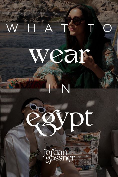 What to Wear in Egypt (Collage). First image: Travel Blogger Jordan Gassner wearing round tortoise sunglasses, a green scarf overhead and a long-sleeve blue patterned dress while smiling and sitting up against the edge of a boat on the Nile River. Second Image: Travel Blogger Jordan Gassner wearing white cat eye sunglasses, a white 3/4-length sleeve button-down cover-up and a tropical leaf high waisted bikini while lounging on an outdoor chair in the shade in El Gouna, Egypt Egypt Women Fashion, Egypt Clothing Women, Cairo Egypt Outfit Winter, Cairo Outfit Travel, Outfits In Egypt, Egyptian Vacation Outfit, Egypt Outfits Women Travel Summer, What To Wear In Cairo Egypt, Cairo Outfits Womens