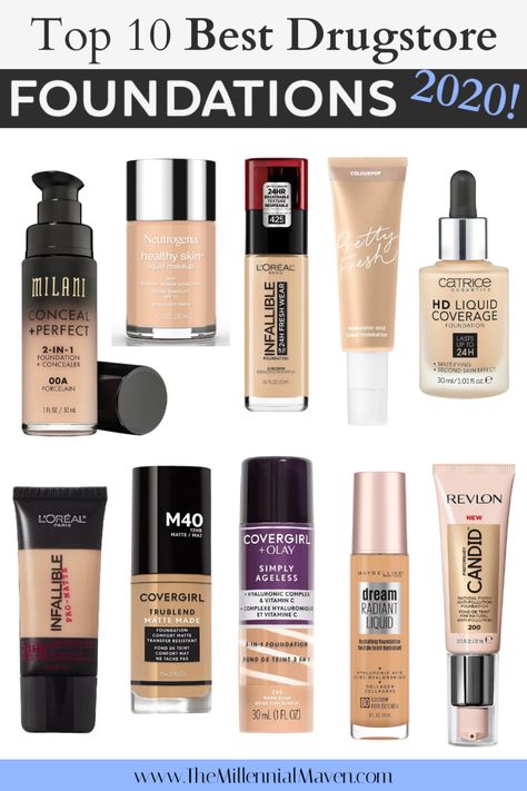 *UPDATED 2020* Top 10 Best Foundations at the Drugstore | Best Drugstore Foundations #drugstorefoundations #bestfoundations #drugstoremakeup Top Drugstore Foundation, Best Of Maybelline, Boho Makeup, Best Drugstore Foundation, Best Foundations, Drugstore Foundation, Best Drugstore Makeup, Basic Makeup, Makeup Aesthetic