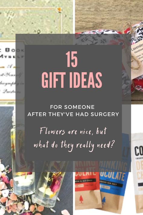 So your friend or loved one is recovering from surgery or an injury.  Flowers are always a nice thought, but what do they really need? We've gathered 15 great ideas to help you find a gift they can really use in their time of need. Whether a major surgery or ankle surgery, these ideas may inspire you to help make your friend's day a little easier. Gifts For Recovering From Surgery, Knee Replacement Gift Basket, Knee Replacement Recovery Gifts, After Surgery Gift Ideas, Post Surgery Gift Basket, Recovery Gift Basket, After Gallbladder Surgery, Knee Replacement Recovery, 15 Gift Ideas