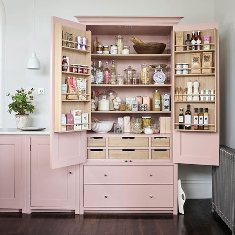 Pink Cabinets, Kitchen Larder, Larder Cupboard, Small Kitchen Organization, Deco Home, Diy Kitchen Storage, 아파트 인테리어, Pink Kitchen, Pantry Design