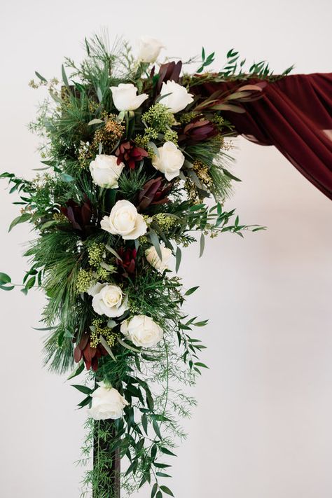 Winter Wedding Flowers // Arbor Flowers // Wedding Flower Arrangements // Tennessee Christmas Wedding Winter Wedding Table Flower Arrangements, Christmas Arbor Wedding, Winter Wedding Arch Flowers, Christmas Arbor Decorating, Christmas Wedding Flower Arrangements, Christmas Wedding Arch Ideas, Winter Wedding Floral Arrangements, Winter Wedding Arch Ideas, Winter Wedding Garland