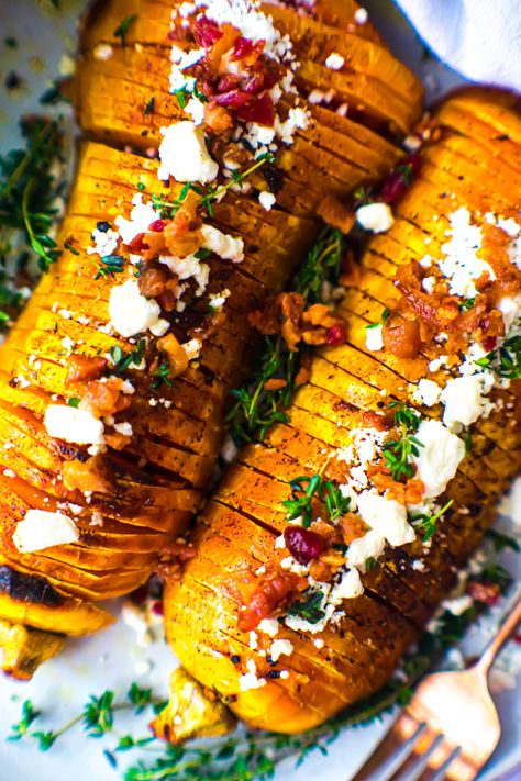 Butternut Squash Side Recipes, Butternut Squash Steak Recipes, Roasted Butternut Squash With Goat Cheese, Asparagus And Butternut Squash, Roasted Squash With Goat Cheese, Roasted Veggies With Goat Cheese, Hasselback Garlic Maple Butternut Squash, Hasselback Butternut Squash Recipes, Butternut Squash Hasselback