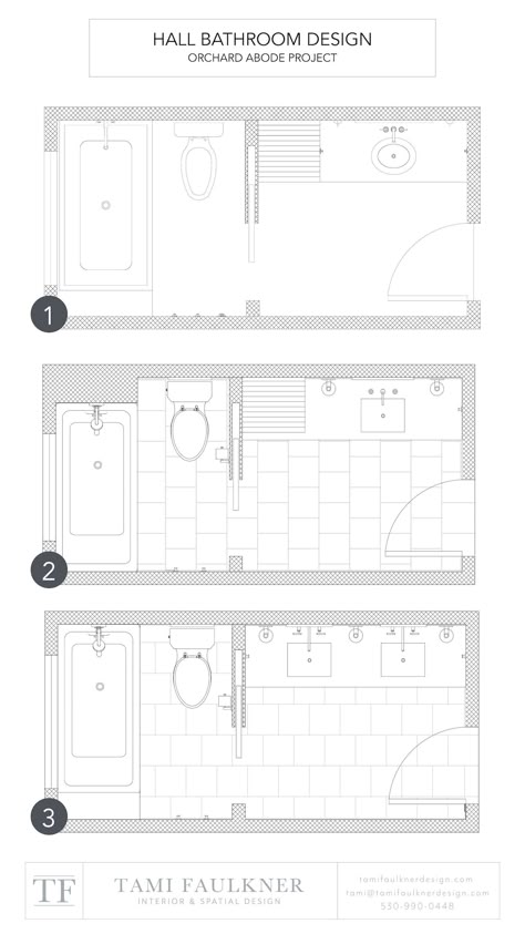 THE FUNDAMENTALS OF DESIGNING HALL BATHROOM LAYOUTS AND FLOOR PLANS — Tami Faulkner Design Bathroom With 2 Entrances Floor Plans, Shower Only Bathroom Layout, Five Piece Bathroom Layout, Double Vanity Bathroom Layout Floor Plans, Bathroom With Toilet Closet Floor Plans, Small Long Bathroom Ideas Layout, Bunk Room Bathroom Ideas, Shared Bathroom Design, Interior Plans Layout