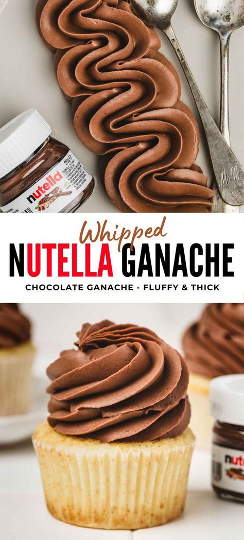 Surrender to temptation with our whipped chocolate Nutella ganache. An exquisite fusion of Nutella's velvety sweetness and the ethereal lightness of whipped ganache. Ideal for elevating your sweet creations, this indulgent cream is perfect for topping pies, eclairs, or simply savoring by the spoonful. Don't miss out on this flavorful experience! Nutella Cake Frosting Recipe, Mocha Whipped Cream Frosting, How To Pipe Cupcake Frosting, Chocolate Nutella Frosting, Chocolate Icing Designs, Nutella Whipped Cream Filling, Perfect Frosting For Cupcakes, Nutella Mousse Filling, Different Types Of Frosting For Cakes